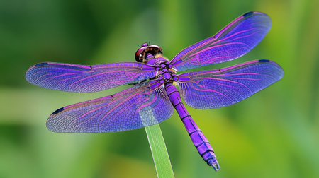 A stunning close-up of a vibrant purple dragonfly resting gracefully on a green leaf. The intricate details of its wings and colors highlight the beauty of nature in a serene environment.の素材