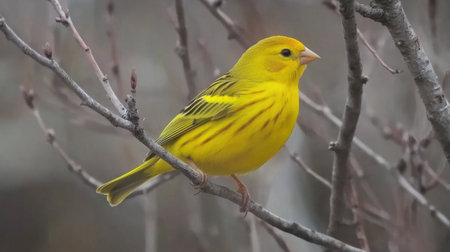 A bright yellow bird sits gracefully on a thin branch, showcasing vibrant plumage. Its serene pose in a natural setting captures the beauty of wildlife.の素材