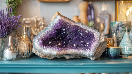Stunning amethyst geode glistens amid elegant decor, creating a beautiful natural art piece. Perfect for home decor, meditation space, or a serene setting.の素材