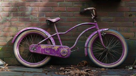 A vintage purple bicycle leans against a weathered brick wall, showcasing a nostalgic design. Its colorful rims and rustic frame evoke childhood memories and charm.の素材