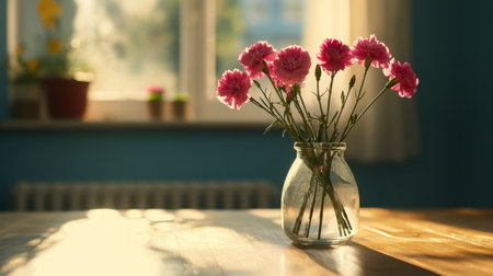 A beautiful arrangement of fresh pink carnations in a clear glass vase, illuminated by natural sunlight. This cozy setting highlights warmth and elegance.の素材