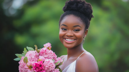 A joyful young woman smiles brightly while holding a bouquet of vibrant pink flowers. Set against a lush green background, this portrait radiates beauty and happiness.の素材