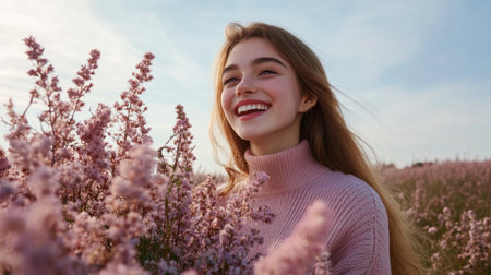 A joyful young woman stands amidst a lavender field, beaming with happiness. The serene landscape during sunset adds warmth and beauty to the moment.の素材