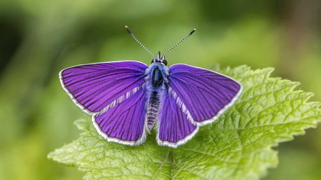 A stunning purple butterfly perches gracefully on a green leaf, showcasing its vibrant wings. This close-up image captures the intricate details of the insect in its natural habitat.の素材