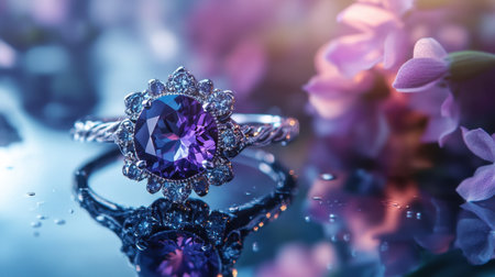 This stunning image showcases an elegant purple ring on a reflective surface, surrounded by delicate flowers, capturing beauty and luxury in fine jewelry design.の素材