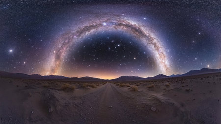 Breathtaking panoramic capture of the Milky Way galaxy arching over a serene desert landscape. Perfect for nature lovers and astronomy enthusiasts.の素材
