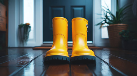 A pair of bright yellow rubber boots stands at a home's entrance. The cheerful footwear on a polished wooden floor creates a vibrant, inviting atmosphere.の素材