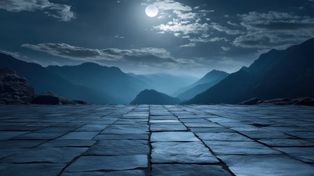 A breathtaking moonlit landscape featuring dramatic mountains and a stone path. The serene night sky, adorned with clouds, creates a tranquil atmosphere, perfect for nature lovers.の素材