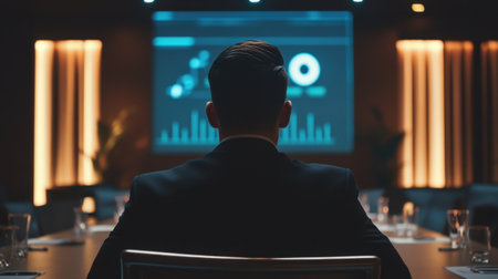 A business professional sits in a modern conference room, analyzing data displayed on a large screen. The atmosphere reflects focus and strategy in decision-making.の素材