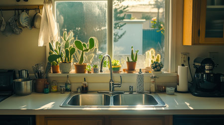 A bright and inviting kitchen scene featuring a modern sink, succulent plants in pots, and sunlight streaming through the window, creating a serene atmosphere.の素材