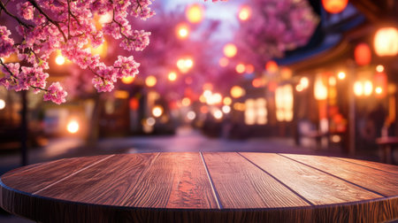 A beautifully crafted wooden table rests under cherry blossom trees, set against a vibrant night backdrop illuminated by charming lantern lights. Enjoy the serene atmosphere.の素材