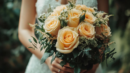 A serene image of a bride holding a stunning bouquet of yellow roses, showcasing elegance and beauty. The floral arrangement adds charm to the wedding atmosphere.の素材