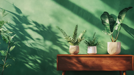 Beautifully arranged indoor plants on a wooden table enhance the vibrant green wall. The interplay of natural light and shadows creates a peaceful and inviting atmosphere.の素材