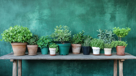 A beautiful collection of green potted plants arranged on a rustic table. The backdrop features a textured green wall, enhancing the natural vibe and decor.の素材