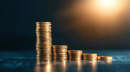 A captivating image showcasing stacks of coins arranged in ascending order, symbolizing growth in finance and investment under soft, glowing light.の素材