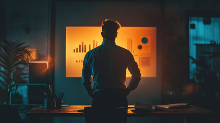 A businessman stands in a dark office, focused on projected charts. The silhouette conveys determination as he analyzes critical data for informed decision-making.の素材