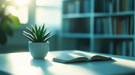 A tranquil indoor setting featuring a green plant and an open book on a white table. Soft sunlight illuminates the space, creating a serene atmosphere ideal for relaxation and reading.の素材