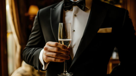A sophisticated man in a tuxedo enjoys a glass of sparkling wine, embodying elegance and charm in a luxurious indoor setting perfect for formal celebrations.の素材
