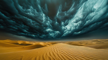 A striking desert scene featuring golden sand dunes under an ominous sky filled with dark, swirling clouds. This captivating landscape evokes awe and wonder.の素材