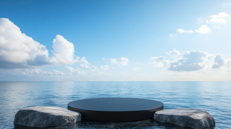 A serene seascape featuring a round black platform nestled between large rocks. The scene evokes tranquility with its calm waters and a clear blue sky dotted with soft clouds.の素材