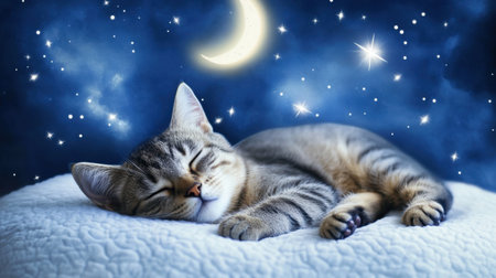A cute tabby cat sleeps peacefully on a soft surface under a serene night sky filled with stars and a glowing moon, creating a tranquil scene.の素材
