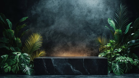 This stunning image features a minimalist stage with dark marble and lush green foliage. The intentional contrast creates a serene and inviting atmosphere, perfect for artistic showcases.の素材