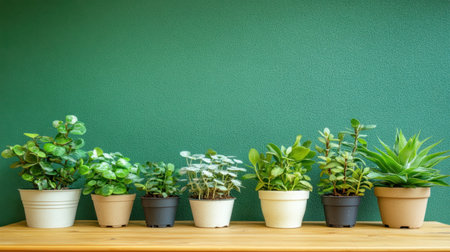 A collection of vibrant indoor plants in decorative pots displayed on a wooden shelf. The green background enhances the natural beauty and tranquility, perfect for home decor.の素材