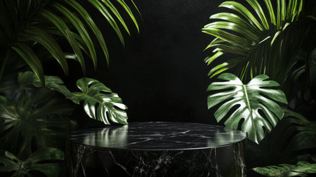A luxurious black marble table surrounded by lush tropical leaves creates an elegant and serene atmosphere, perfect for interior design or decor themes.の素材
