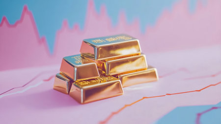 A striking composition showcasing golden bars symbolizing wealth against a colorful background of financial charts, representing market trends and investment potential.の素材