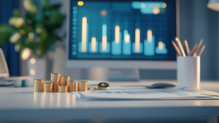 A focused view of stacked coins on a desk in a modern office, with a computer screen displaying financial charts, symbolizing investment and economic analysis.の素材