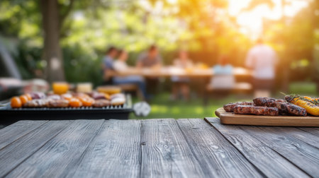 A vibrant summer barbecue scene featuring grilled meat and vegetables on a wooden table, with friends enjoying a meal in the background under warm sunlight.の素材