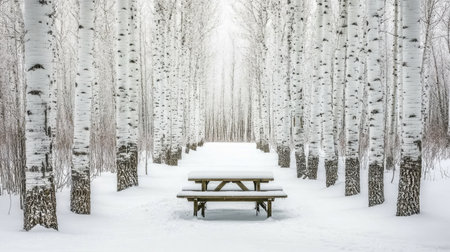 A tranquil winter scene showcases a picnic table surrounded by tall birch trees in a snowy forest, evoking feelings of serenity and solitude in nature's beauty.の素材