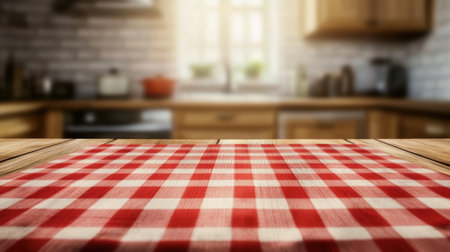 Bright kitchen setting featuring a red checkered tablecloth on a wooden table. Perfect for conveying warmth and comfort in a domestic environment.の素材