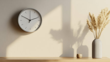A serene minimalist interior featuring a stylish clock and a vase with dried flowers, illuminated by soft daylight, creating a tranquil atmosphere.の素材