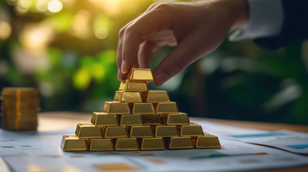 A hand carefully places a gold bar on a pyramid of gold ingots, symbolizing investment and wealth in a modern business setting with soft natural light.の素材
