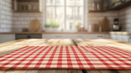 A charming kitchen scene featuring a wooden table adorned with a red checkered tablecloth, illuminated by soft natural light from a nearby window. Perfect for home cooking.の素材