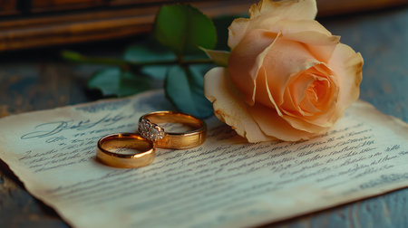 This beautiful image features elegant gold wedding rings beside a soft rose on vintage letter paper, symbolizing love and commitment in a romantic setting.の素材