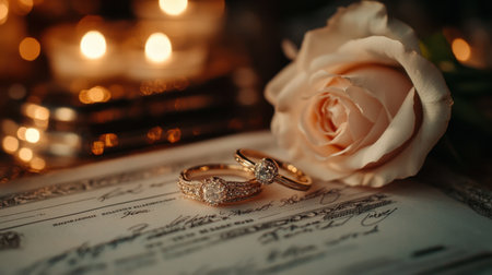 Discover a stunning arrangement featuring elegant wedding rings, a soft rose, and glowing candles. Perfect for capturing romance and celebration.の素材