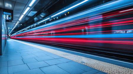 A captivating image showcasing the dynamic motion blur of a subway train at a modern station. Bright colors and light trails convey speed and urban energy, inviting exploration.の素材