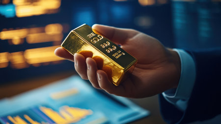 A detailed close-up image of a hand holding a gold bar, symbolizing investment and wealth, with financial charts in the background illustrating market trends.の素材