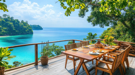 Enjoy a serene outdoor dining setup with a stunning ocean view. Perfect for vacation, this tropical paradise features wooden furniture, lush greenery, and bright blue waters.の素材
