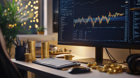 A modern office desk featuring a computer monitor displaying trading graphs, surrounded by stacks of coins and a warm ambiance, symbolizing investment success.の素材