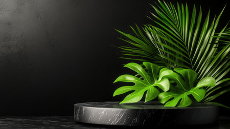 A stunning composition featuring lush green leaves atop a sleek black stone display. This elegant setup creates a striking contrast, perfect for showcasing natural beauty in a modern design context.の素材