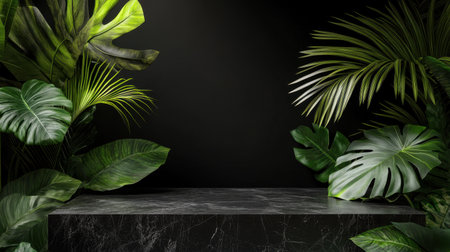 Explore the beauty of lush green tropical leaves against a dark backdrop with a sleek marble surface, creating a serene and elegant atmosphere perfect for any interior design project.の素材