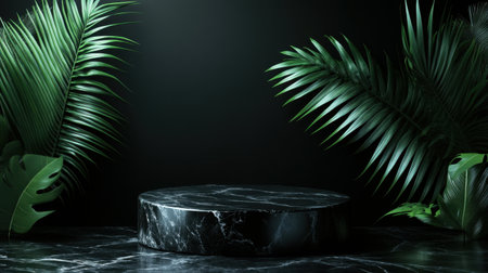 This image features a sleek marble platform surrounded by lush green foliage, creating a sophisticated dark background. Ideal for various creative projects.の素材
