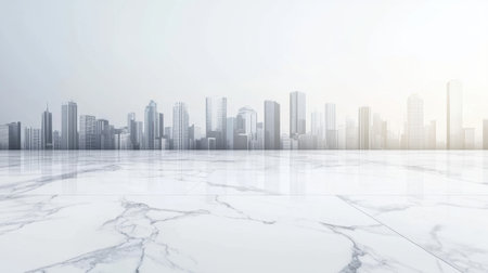 A serene view of a modern city skyline featuring sleek skyscrapers, softly illuminated by natural light. The glossy marble floor enhances the reflective quality, creating a tranquil atmosphere.の素材
