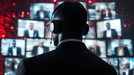 A focused man wearing headphones stands in front of multiple screens, observing with intent in a dark room. This image captures the essence of modern monitoring and communication technology.の素材