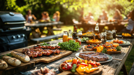 A lively outdoor barbecue scene featuring a table laden with grilled meats, colorful vegetables, and refreshing drinks, surrounded by friends enjoying a sunny day.の素材