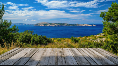 Capture the beauty of a coastal landscape with a wooden tabletop framing the stunning ocean view. Enjoy the vibrant colors of nature and serenity.の素材