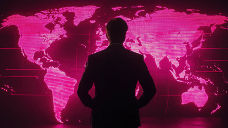 A business professional stands silhouetted against a vibrant digital map, highlighting global connectivity and the power of technology in modern strategy.の素材